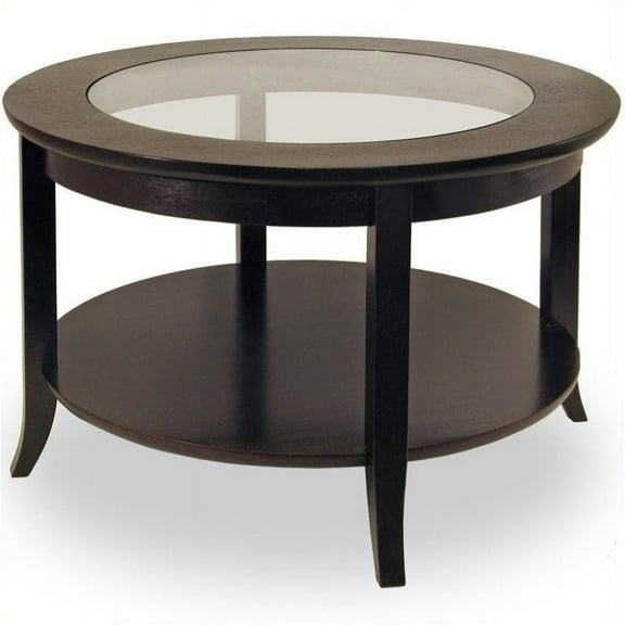 Pemberly Row Round Wood Coffee Table with Glass Top in Dark Espresso