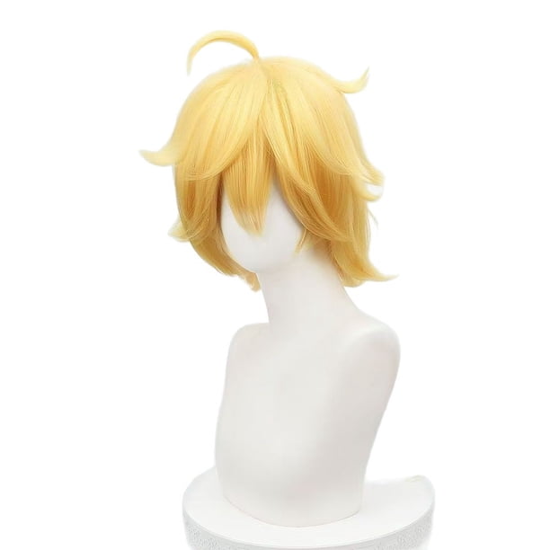 Peluca para cosplay, pelo sintético corto, amarillo, estilo puntiagudo, 20 cm