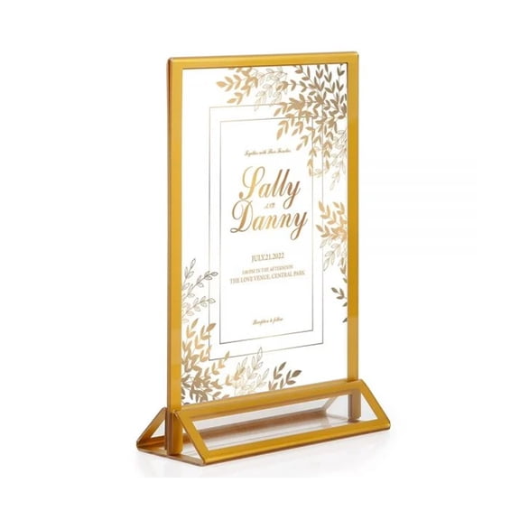M&T Displays Desktop Acrylic Sign Menu Holder Double Sided T Shape Tabletop 5x7 Inch Gold Border Bottom Loading Clear Ad Frame for Restaurant Store Wedding Party Event (12 pack)