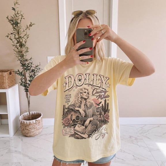 Dolly Country Music Guitar Graphic T-Shirt, Vintage Western Cowgirl Portrait Style