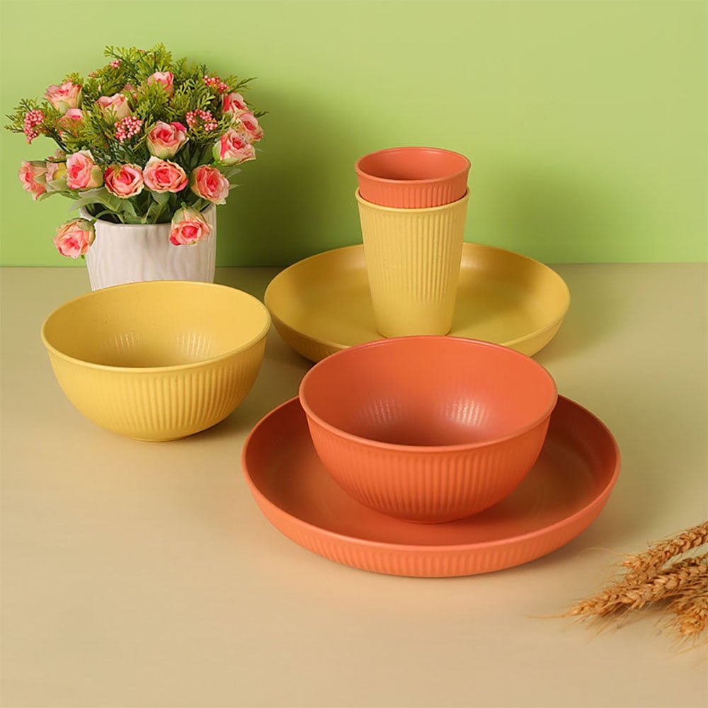 Axidou Wheat Straw Dinnerware Sets, 42 PCS Plastic Plates and Bowls Sets, Travel Camping Cutlery Set