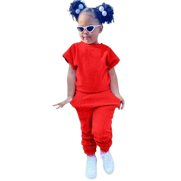 XBASW Toddler Kids Baby Girls Sweatsuits 2 Piece Outfits Short Sleeve T Shirt Tops   Jogger Pants Summer Solid Color Tracksuit Set for 1- 9 Years