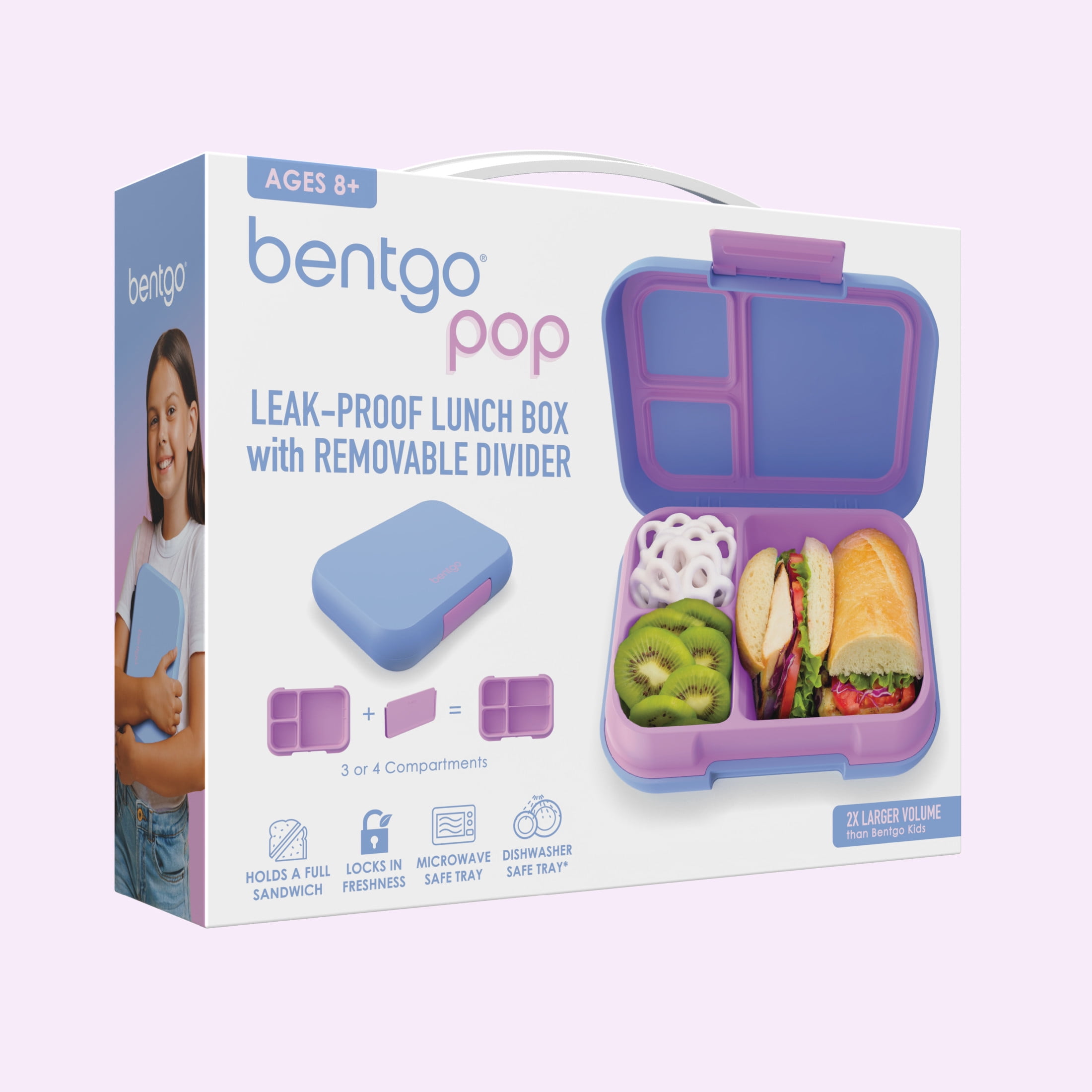 Bentgo® Pop - Leak-Proof Lunch Box & Removable Divider for Ages 8+ & Teens - Lunch Container Holds 5 Cups of Food; 3-4 Compartments; Microwave/Dishwasher Safe; 2 Year Warranty (Periwinkle/Pink)
