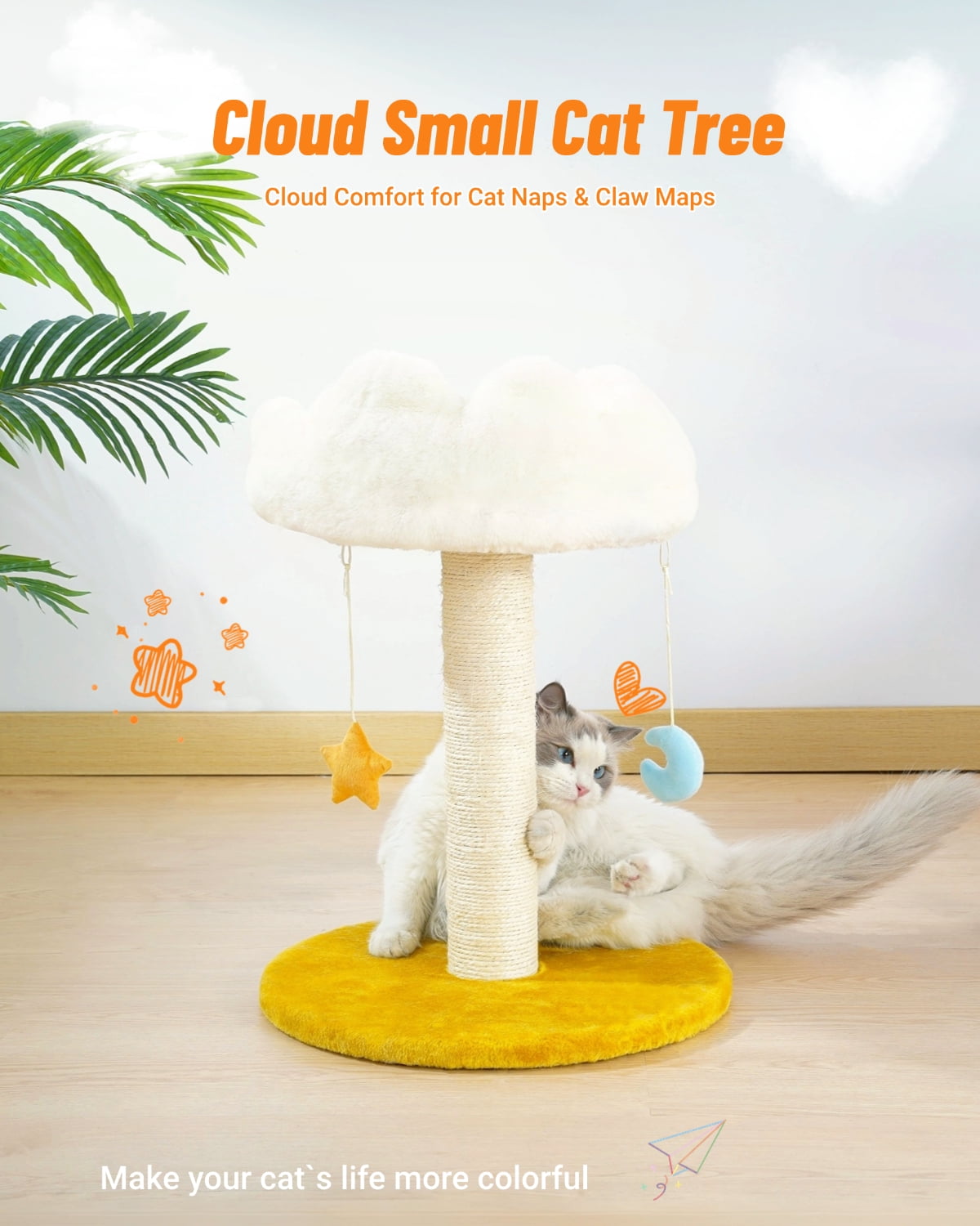 Happi N Pets Cloud Cat Tree, Cat Scratching Post with Bed, Small Cat Tree, Featuring with Cloud Soft Perch & Cute Toys, Removeable Cover, Bonus Catnip