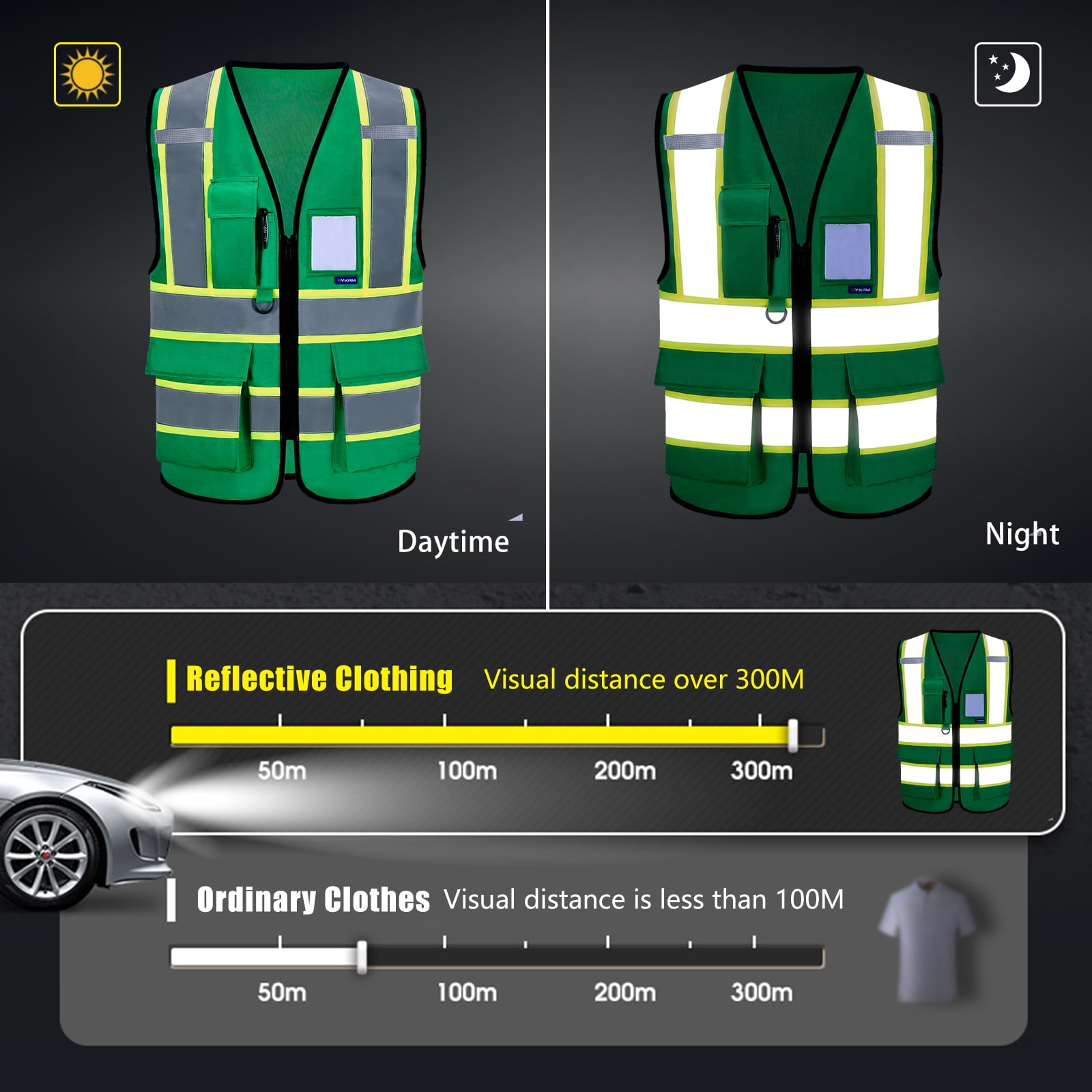 AYKRM Green High Vis Reflective Small Safety Vest for Women Men Security Pocket Zipper