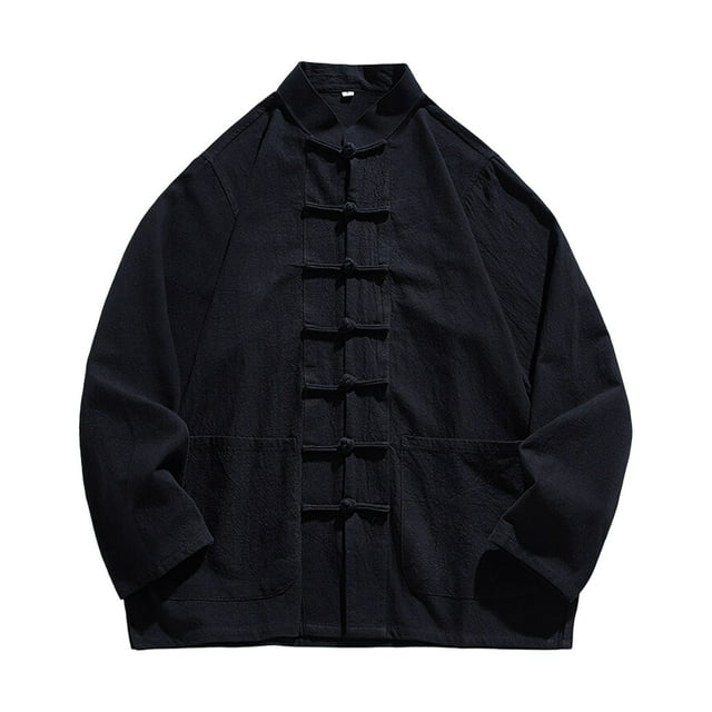Chandail pour Homme Noir à Col Rond, Chandail pour Homme Uni à Manches Longues avec Col Montant, Cardigan Chemise en Lin