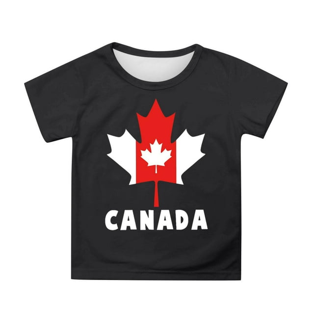 Hauts d'Été Drapeau du Canada Feuille d'Érable Imprimée Enfants Garçons et Filles T-Shirt d'Été à Manches Courtes Décontracté Col Rond T-Shirt Basique Tee Shirt Ado Fille Noir 3 Ans-4 Ans