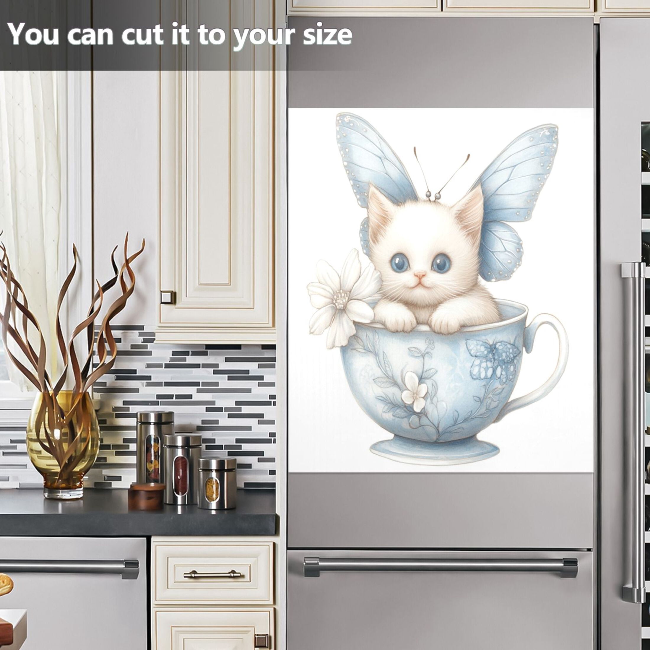 Dishwasher Magnetic Sticker 23x26 Inch Refrigerator Magnetic Sticker Washing Machine Magnetic Sticker Kitchen Panel Magnetic Sticker Home Decor Teacup Cute White Cat