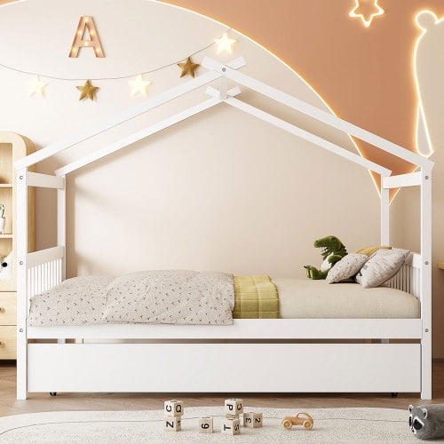 Bellemave Full Size House Bed with Trundle, Wood Platform Bed Frame with House Shape Roof for Teens (White)