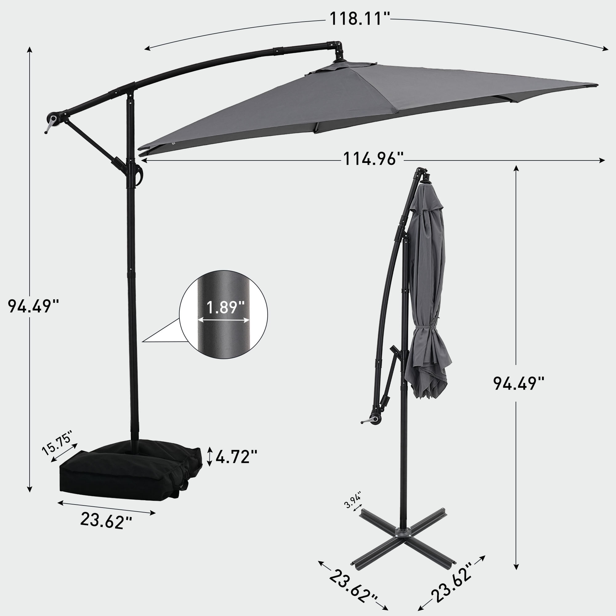 Ainfox 10ft Cantilever Offset Patio Umbrella with Sandbags Weighted Base and Cross Base - Outdoor Market Umbrella, Easy Tilt Adjustment,Grey