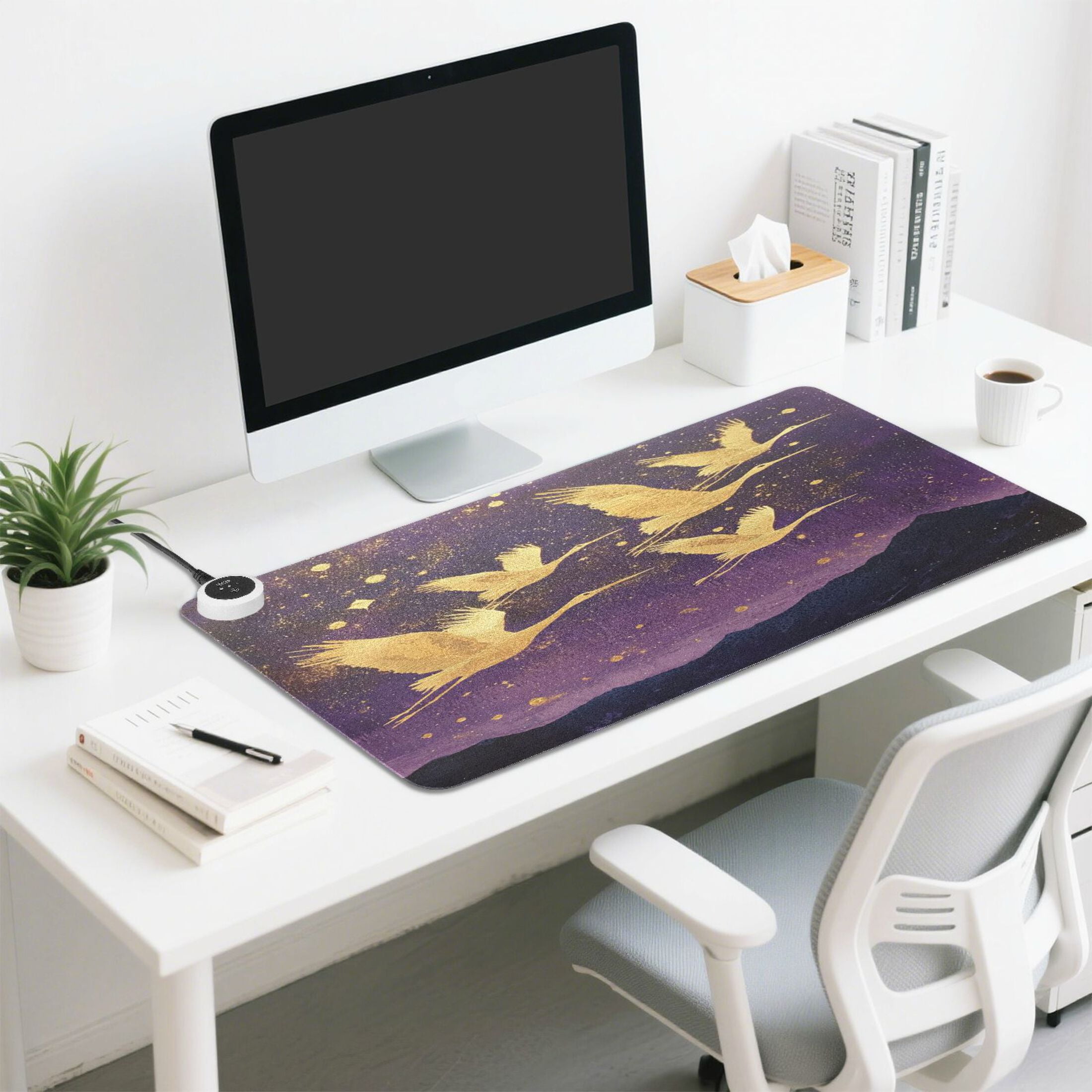 Wobogo Wild Crane Heated Mouse Pad Extra-Large Desk Mat With 3 Heating Levels and 3-hour Auto Shut-Off Protection Ideal for Computer Keyboards Home Office Hand-warming Essential 31.5in × 13in