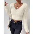 thumbnail image 6 of Women'S Fuzzy Long Sleeve V Neck Crop Sweater Casual Plain Slim Fit Warm Knitwear Sweater Pullovers Apricot M, 6 of 8