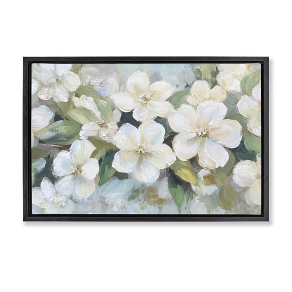 Stupell Industries Traditional Painted White Flowers in Leaves Black Floating Frame Canvas Art, 25 x 17, by Petals Prints Design