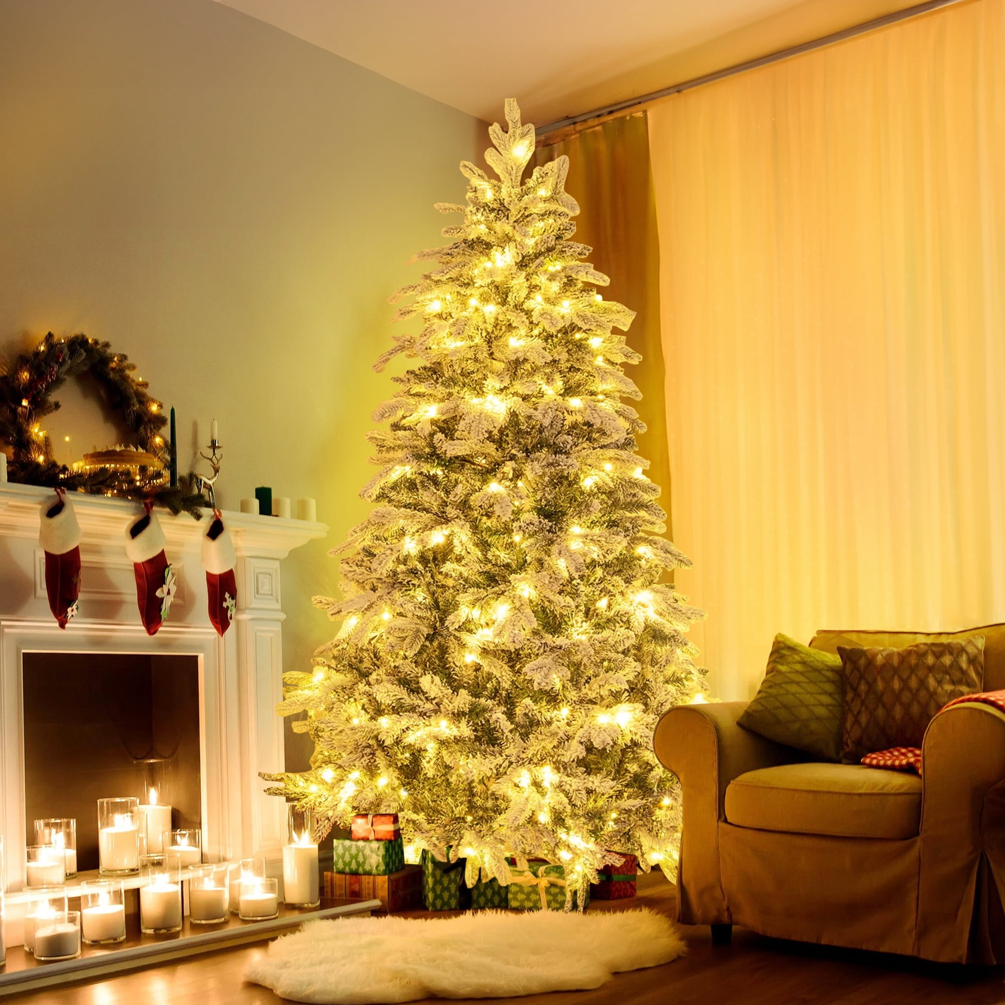 Firstness 7.5ft Pre-Lit Artificial Christmas Tree with 600 LED Lights,Snow Flocked Xmas Tree