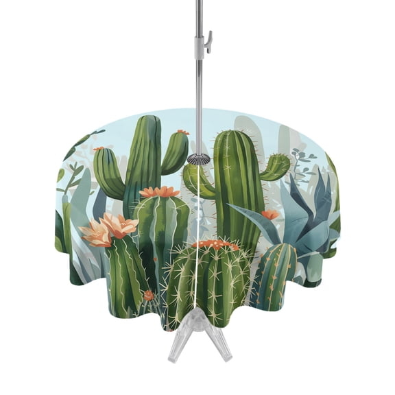 Outdoor Table Cloth with Umbrella Hole and Zipper, Green Cactus Waterproof Round Tablecloth 60 Inch, Watercolor Summer Botanical Blue Washable Table Cover for Outside Party Patio Picnic