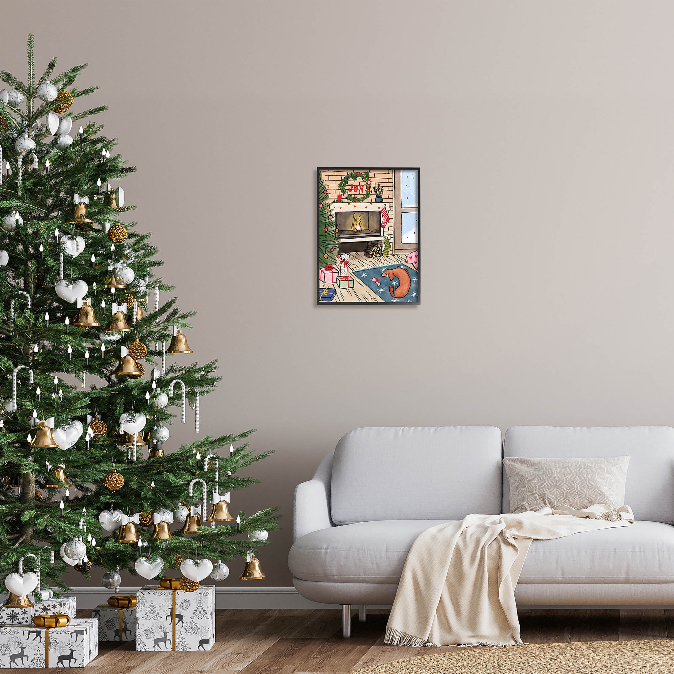 Cozy Christmas Fireplace Tree Holiday Graphic Art Black Framed Art Print Wall Art