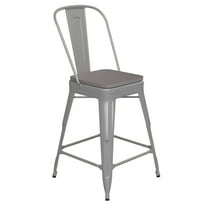 Flash Furniture Kai Commercial Grade 24" High Silver Metal Indoor-Outdoor Counter Height Stool with Removable Back and Gray All-Weather Poly Resin Seat