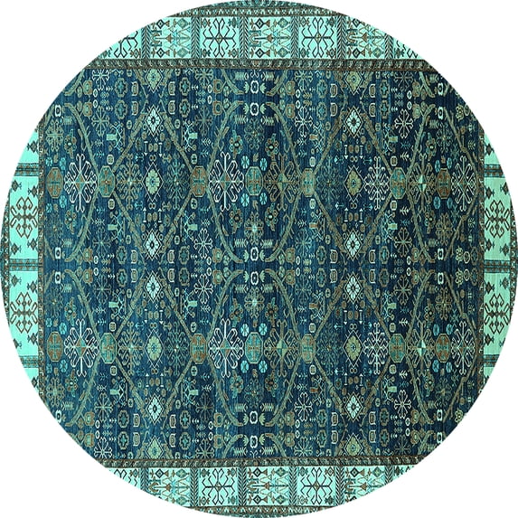 Ahgly Company Machine Washable Indoor Round Oriental Turquoise Blue Industrial Area Rugs, 8' Round