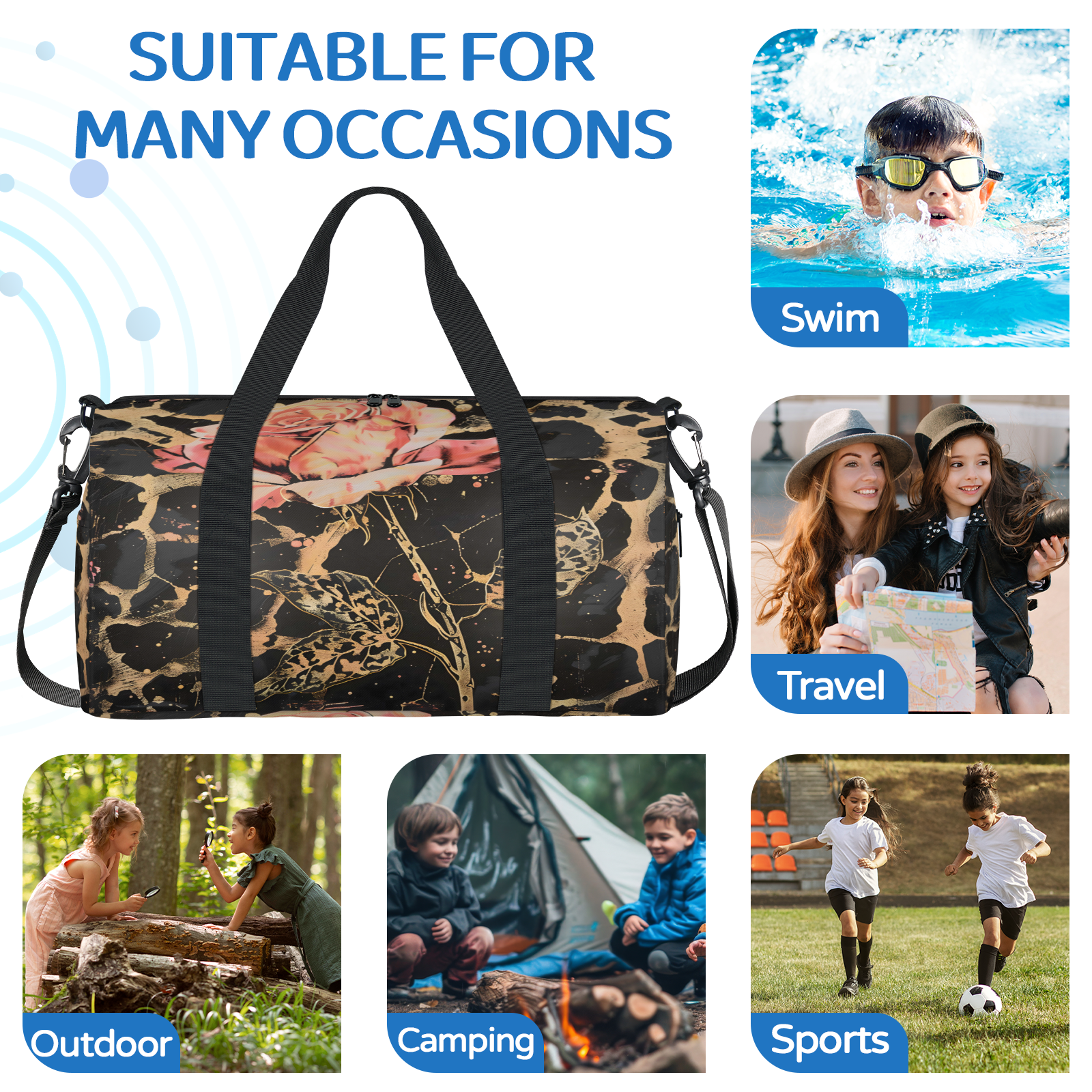 Herdesigns Leopard Print Rose Flower Gym Bag for Women, Duffle Bag for Travel Sport, Lightweight Waterproof Carry on Weekender Overnight Dance Yoga Workout Bags