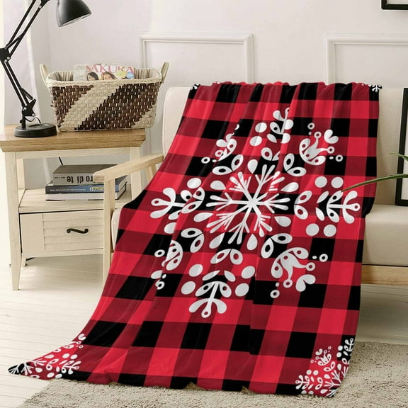 Christmas Snowflakes Throw Flannel Blanket 50x60In Winter Snow Red Black Buffalo Plaid Super Soft Cozy Bed Blanket, Lightweight Plush Fuzzy Bed Throw for Bedroom Sofa Couch Living Room