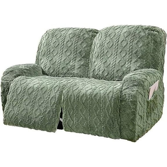 Namzi 6 Pieces Geometric Jacquard Plush Recliner Loveseat Slipcovers Soft Fuzzy Fluffy Sofa Couch Cover Anti-Slip Furniture Protector with Elastic Bottom for Kids Cats Dogs(Green,2 Seat)