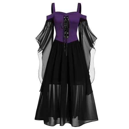 

WOXINDA Women Plus Size Cold Shoulder Butter Fly Sleeve Dress Lace Up Solid Color Long Dress Elegant Dress Gothic Dress with Corset