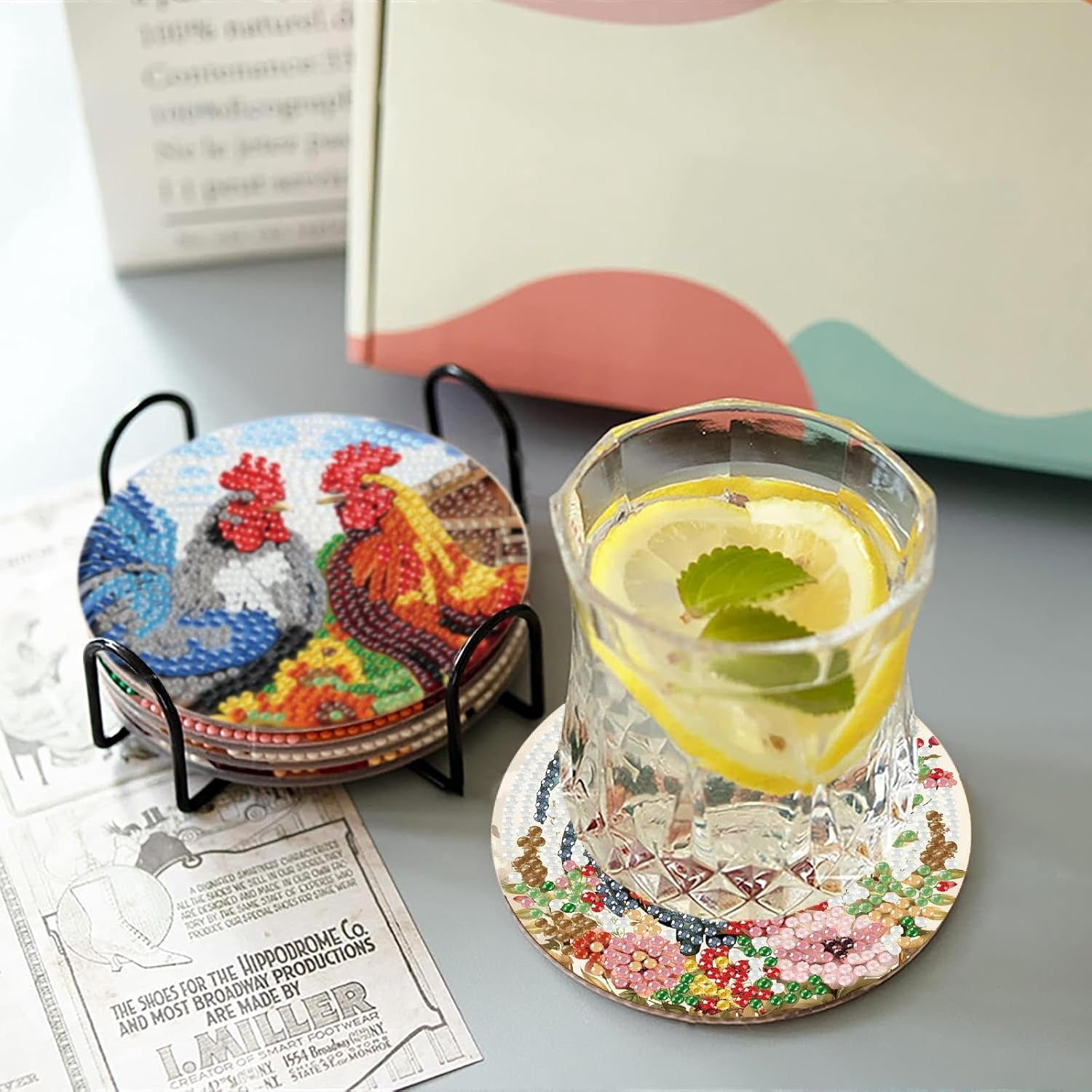 8 Pcs Animals Diamond Art Coasters Kits with Holder, Chicken Diamond Painting Coasters Kits for Adults, DIY 5D Diamond Dots Small Mini Kit Full Drill Art Craft Supplies 4X4 Inch