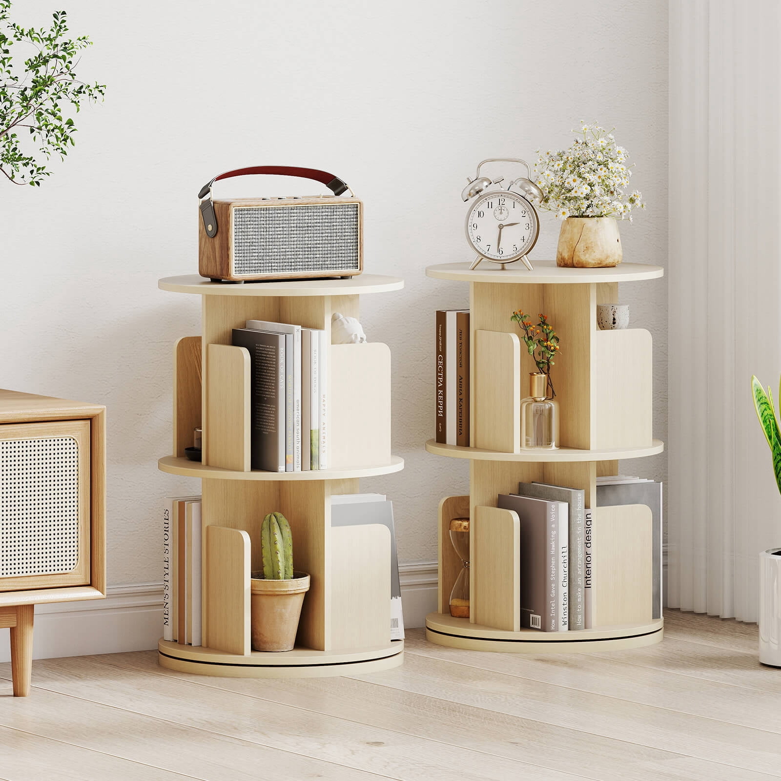 Costway 1 PCS 2-Tier Rotating Bookshelf 360° Display Rack with Dividers & Anti-falling Baffles Natural