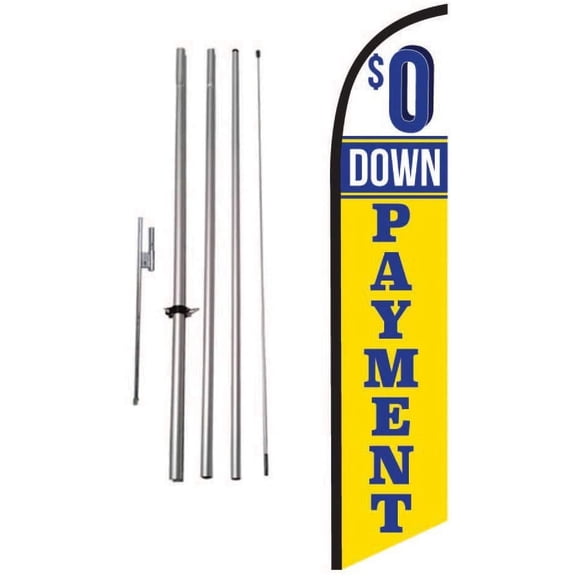Zero 0 Down Payment Auto Dealership Advertising Feather Banner Swooper Flag Sign with Flag Pole Kit and Ground Stake