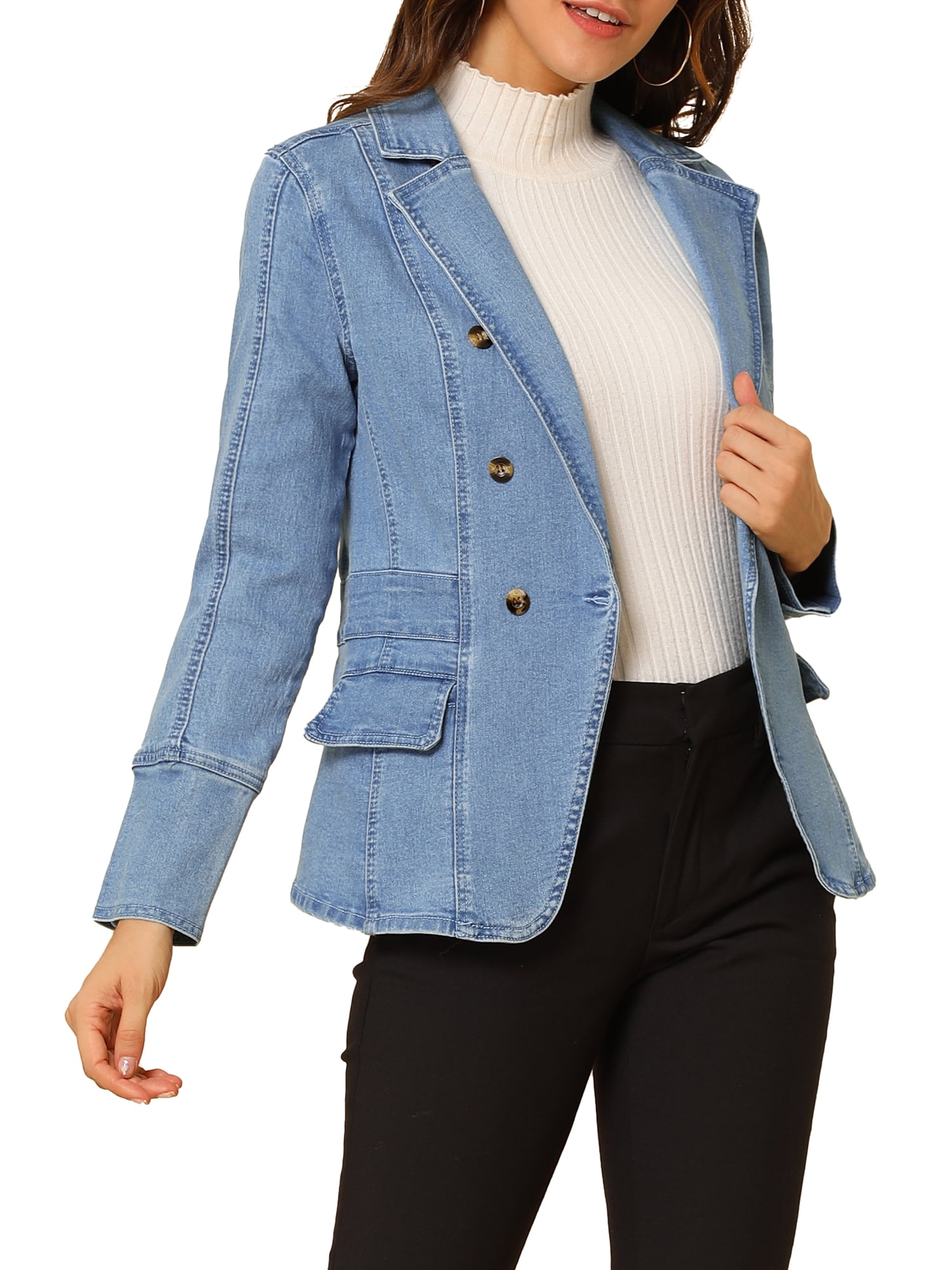 DARING DIVA Women's Lapel Jeans Blazer Denim Jacket W Pockets M Baby Blue