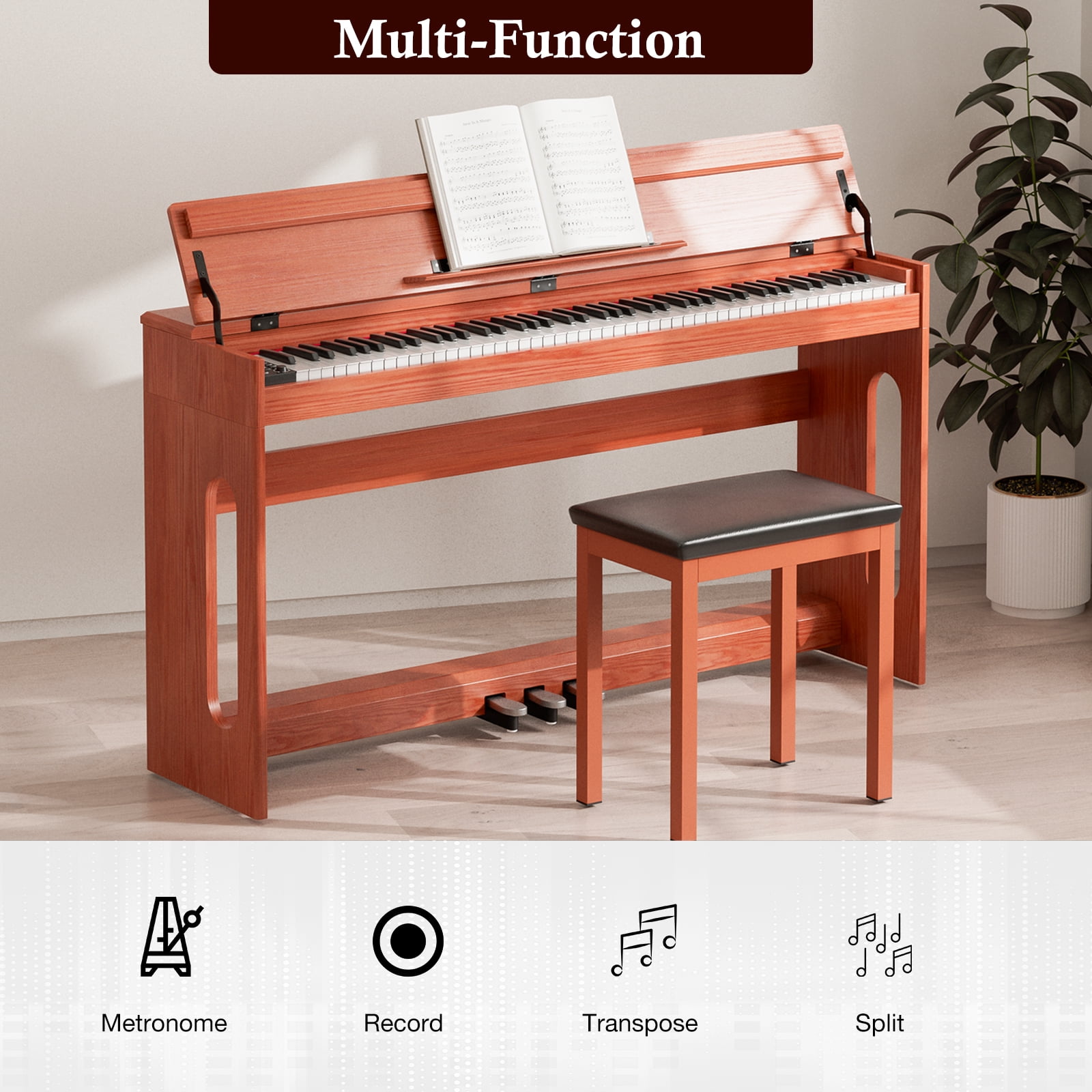 UMOMO 88 Key Digital Piano Keyboard, Full Size Electric Piano with Piano Stand, Headphone Jack, 3 Pedal, Electronic Piano for Beginner, Adults, Brown