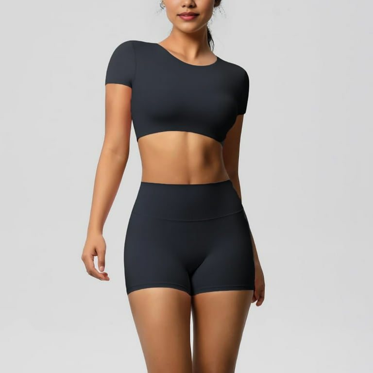 Open Back Short Sleeve Crop Top For Women Trendy Clothing Loose Athletic Yoga Workout Tops Casual Cropped Tee Shirts Black