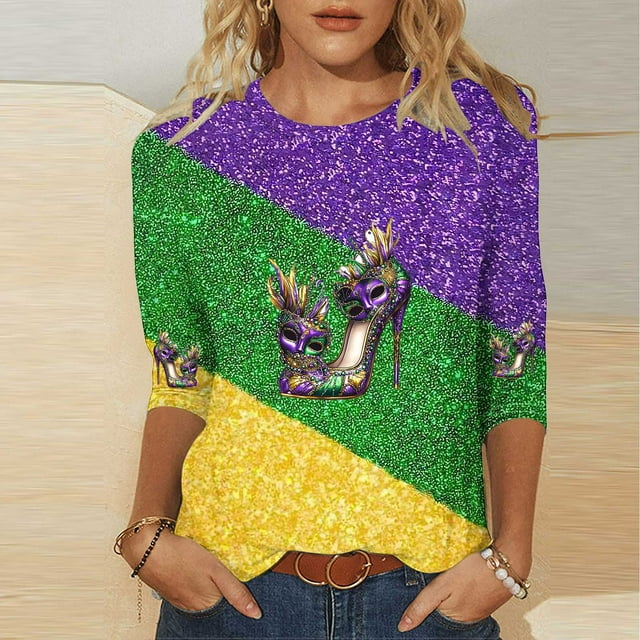 Tejiojio Mardi Gras Shirts for Women Patch Print 3/4 Sleeve Tops Carnival Party Tshirt Casual Crewneck Blouse