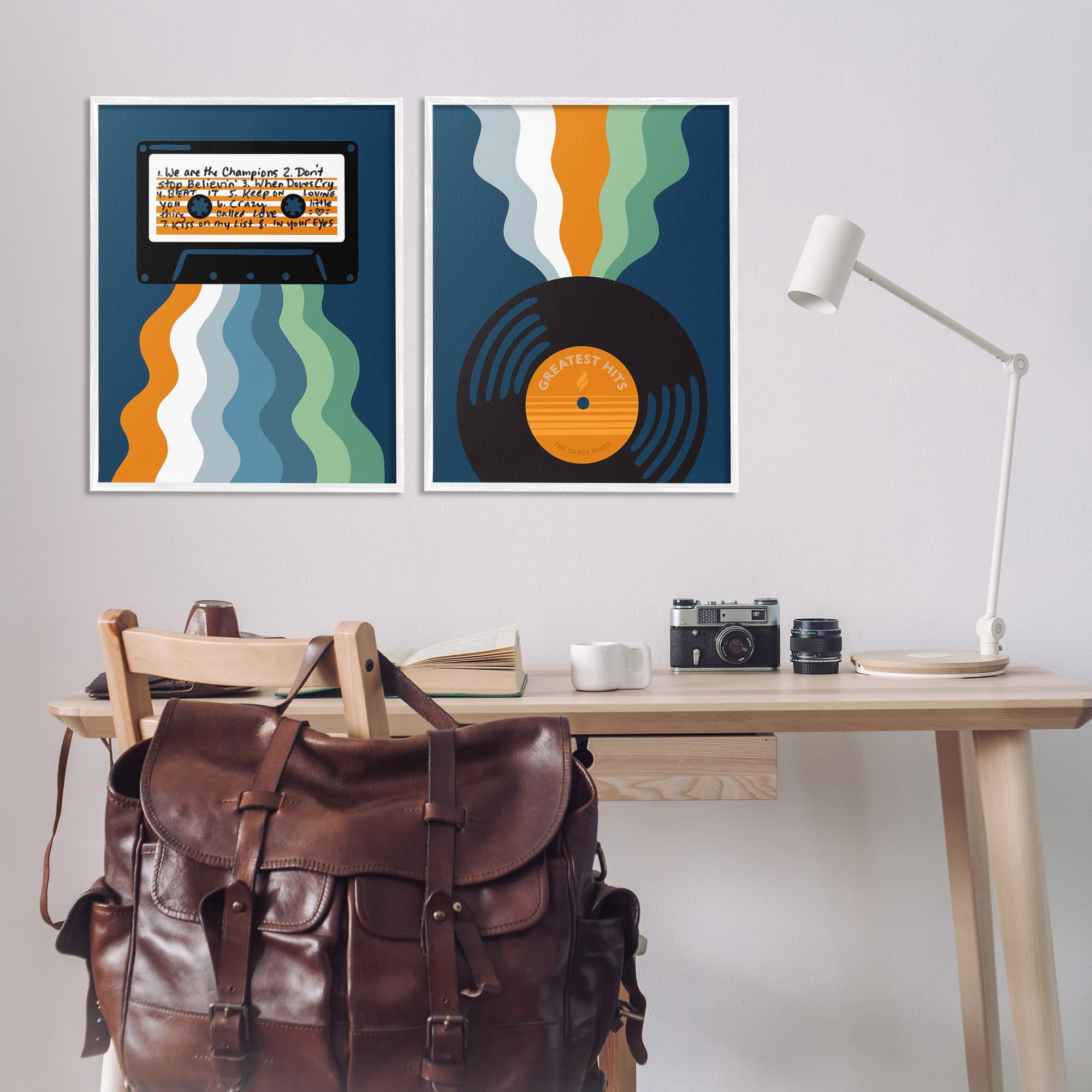 Stupell Industries Retro Music with Stripes Abstract Painting White Framed Art Print Wall Art, 24 x 30, Set of 2