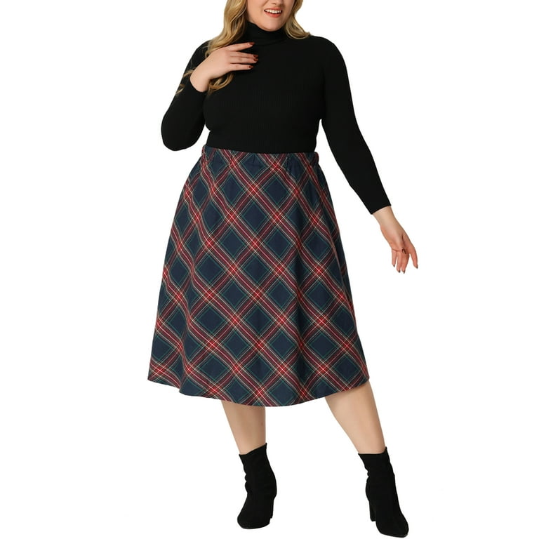 Unique Bargains Women s Plus Size Velvet A Line Knee Length Plaid Print Flare Skirt Walmart