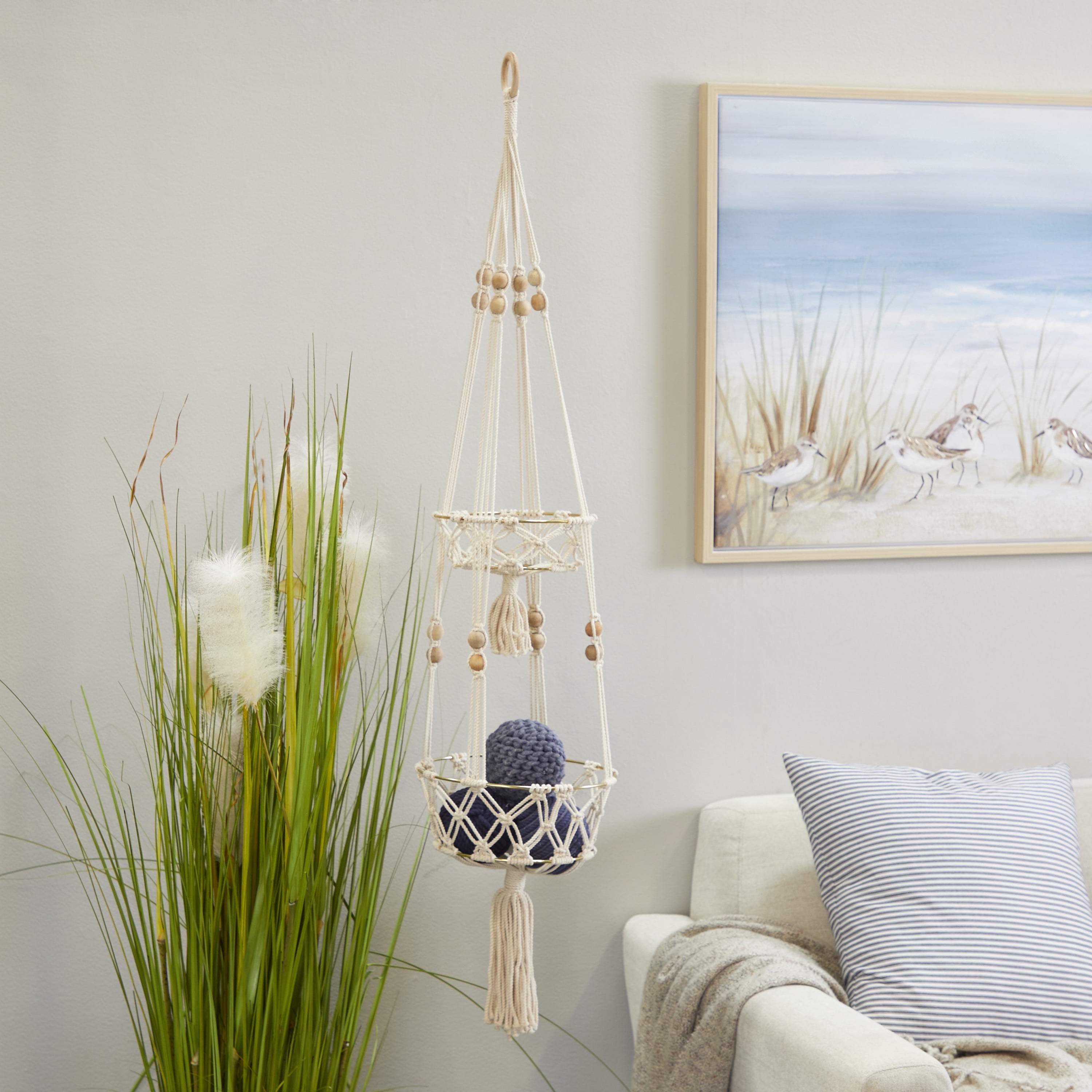 DecMode 10" x 10" x 49" Round White Fabric Handmade Hanging Macrame Wall Planter