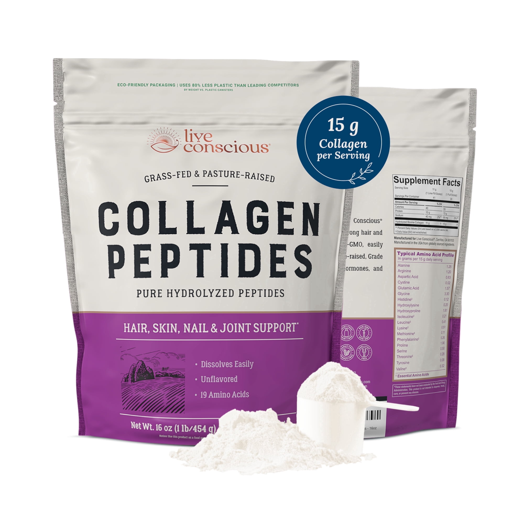 Live Conscious Collagen Peptides Powder, Unflavored, Grass-Fed Types I & III, Skin, Hair, Nails & Joint Support, 30 Servings