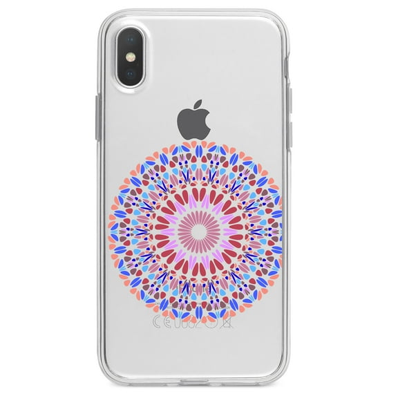 DistinctInk Clear Shockproof Hybrid Case for iPhone XR (6.1" Screen) - TPU Bumper Acrylic Back Tempered Glass Screen Protector - Modern Mandala - Blue Red Pink