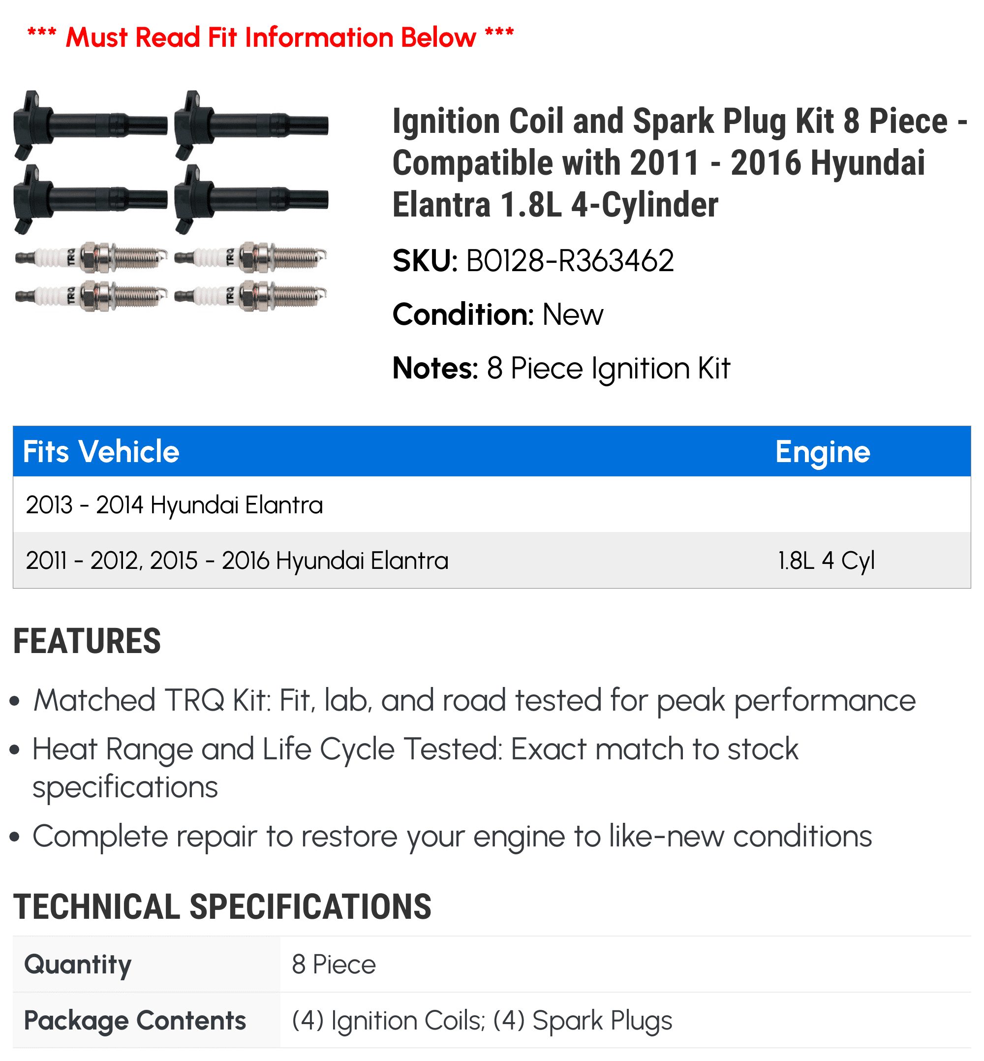 Ignition Coil and Spark Plug Kit 8 Piece - Compatible with 2011 - 2016 Hyundai Elantra 1.8L 4-Cylinder 2012 2013 2014 2015