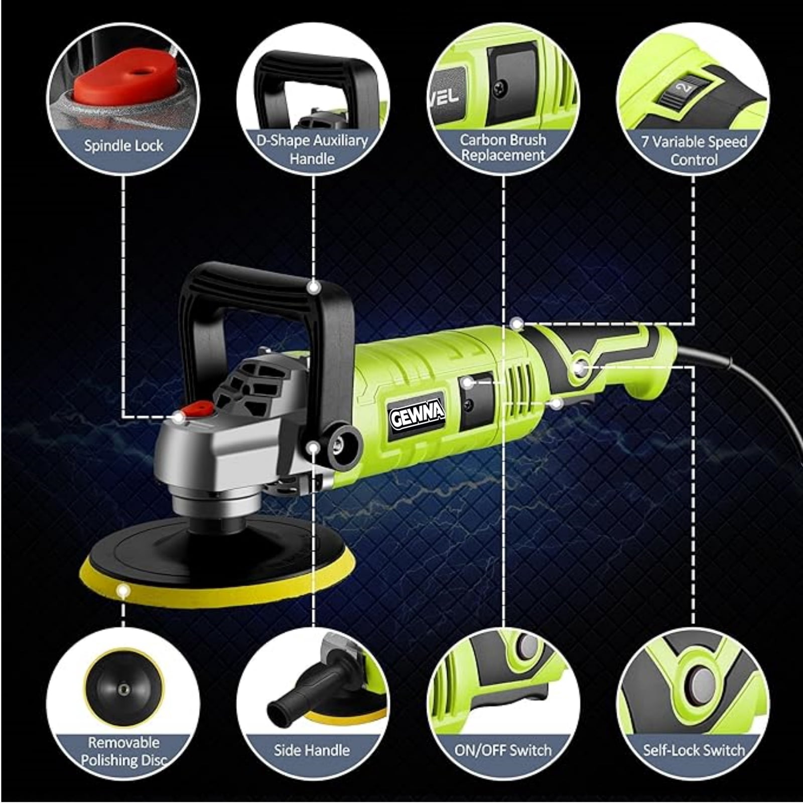 Gewna Car Buffer Polisher, 1600W 7 inch/6 inch Rotary Buffer Polisher with 7 Variable Speed 1000-3500 Rpm GREEN