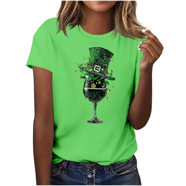 El Día de San Patricio Manga Corta Cuello Redondo Suéter Casual Top, Ligero 95% Poliéster 5% Blusa de Spandex para Vacaciones Y Uso Diario, Tops de Mujer Casual