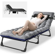 Slsy Folding Camping Cots for Adults, Adjustable 4-Position Reclining Folding Chaise with Mattress & Pillow, Portable Folding Lounge Chair Sleeping Cots Bed