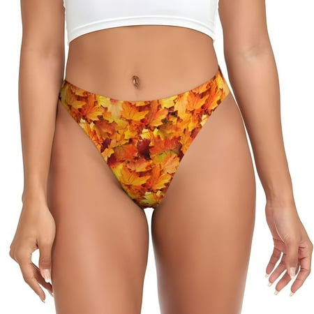 Qokaie Autumn Maple Leaf Pile Printed Women s Cotton Thong Underwear  Sexy Breathable Panties G-string-Large