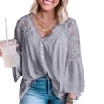 thumbnail image 4 of Sonducket Camisa de mujer Blusa de encaje con cuello en V Camisa de color sólido V Botón de manga larga Top Prendas para la parte del cuerpo gris púrpura XL, 4 of 6