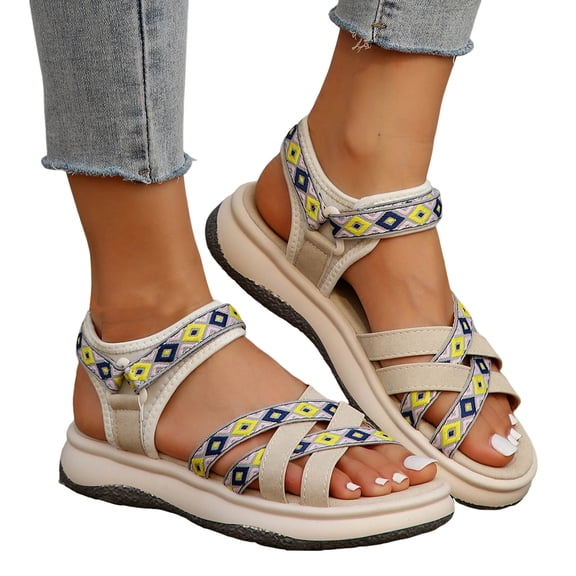 Rokment Womens Ethnic Platform Walking Dress Sandals Comfortable Boho Beach Casual Memory Foam Low Heel Elastic Slip on Flat Shoes Beige Size 6