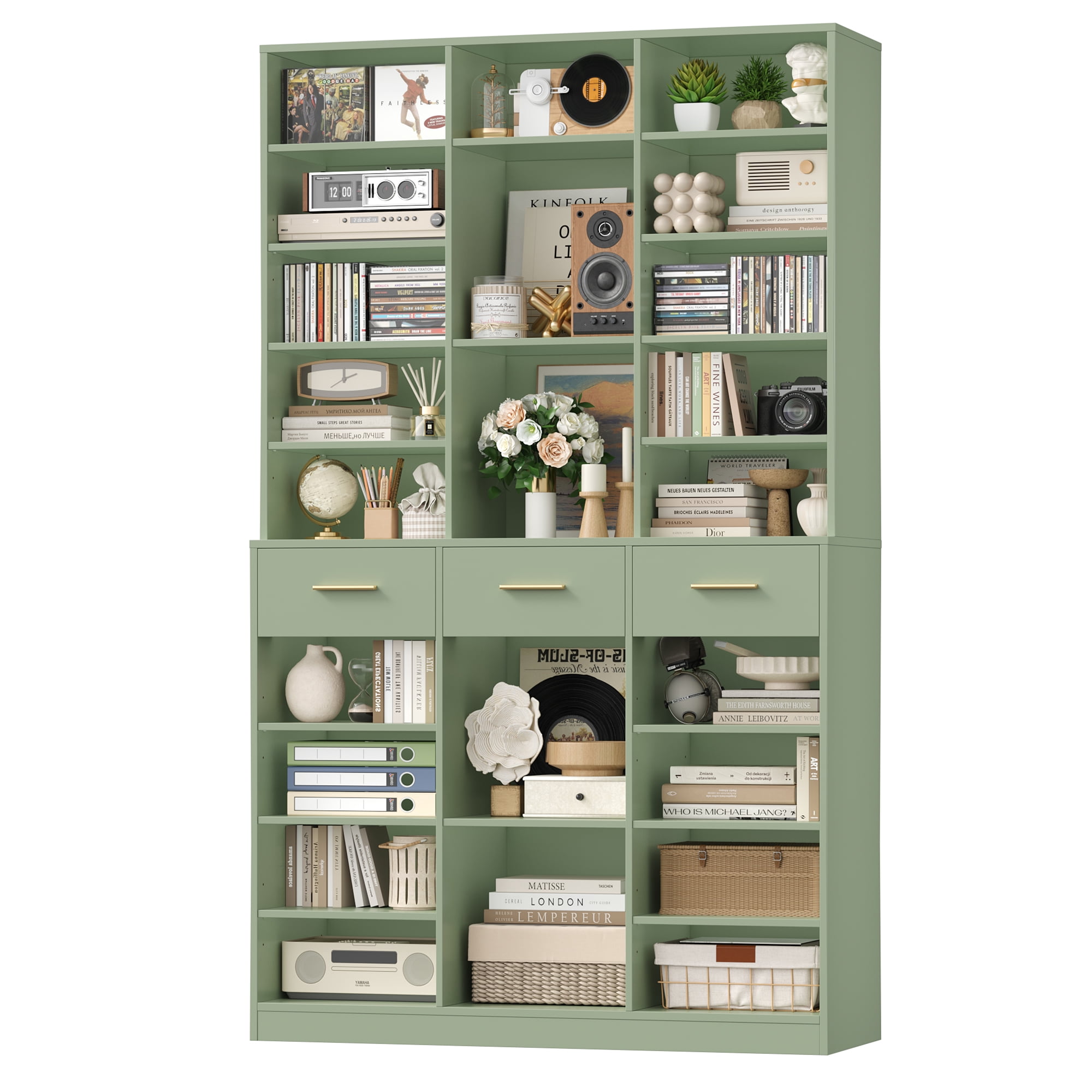 Homfa 75'' Tall Bookcase with Adjustable Shelves, 3 Drawers Display Bookshelf For Living Room, Home Office, Green