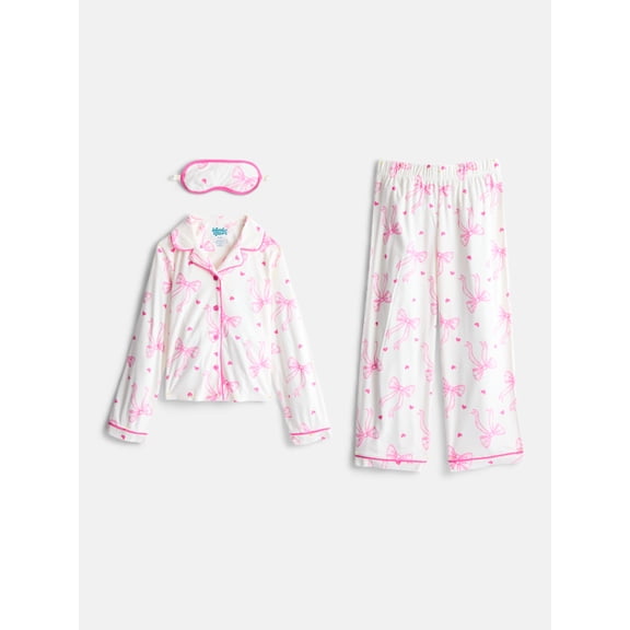 Wonder Nation Girls Long Sleeve Button Front Top and Pants with Eye Mask, 3-Piece Sleep Set, Sizes 4-18