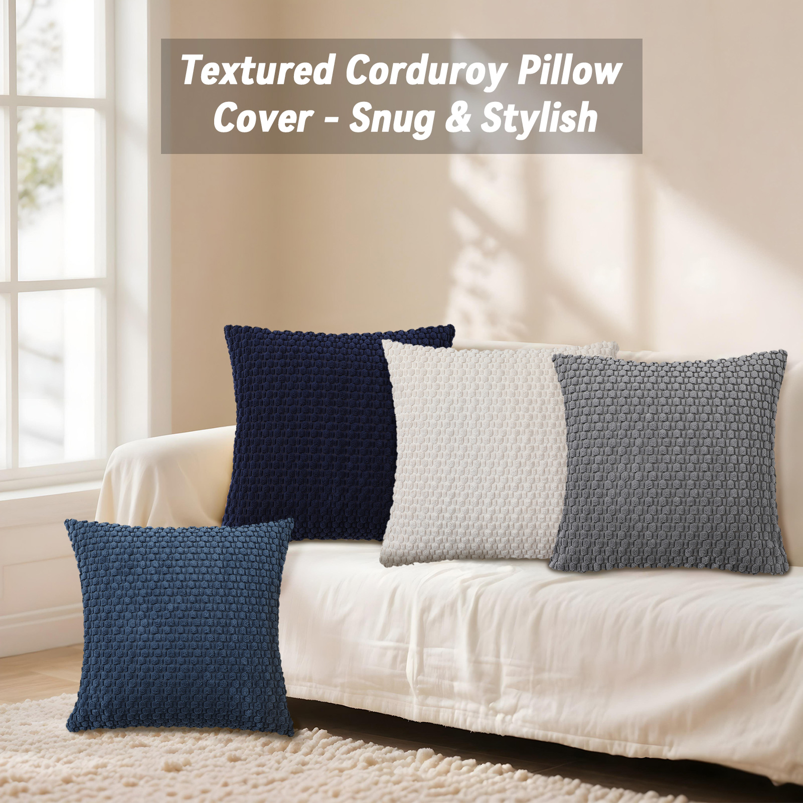 HonorHut Decorative Throw Pillow Covers 18x18 Inch Soft Corduroy Pillowcases Modern Boho Stripe Pillow Covers 4 Piece Set Blue Gray