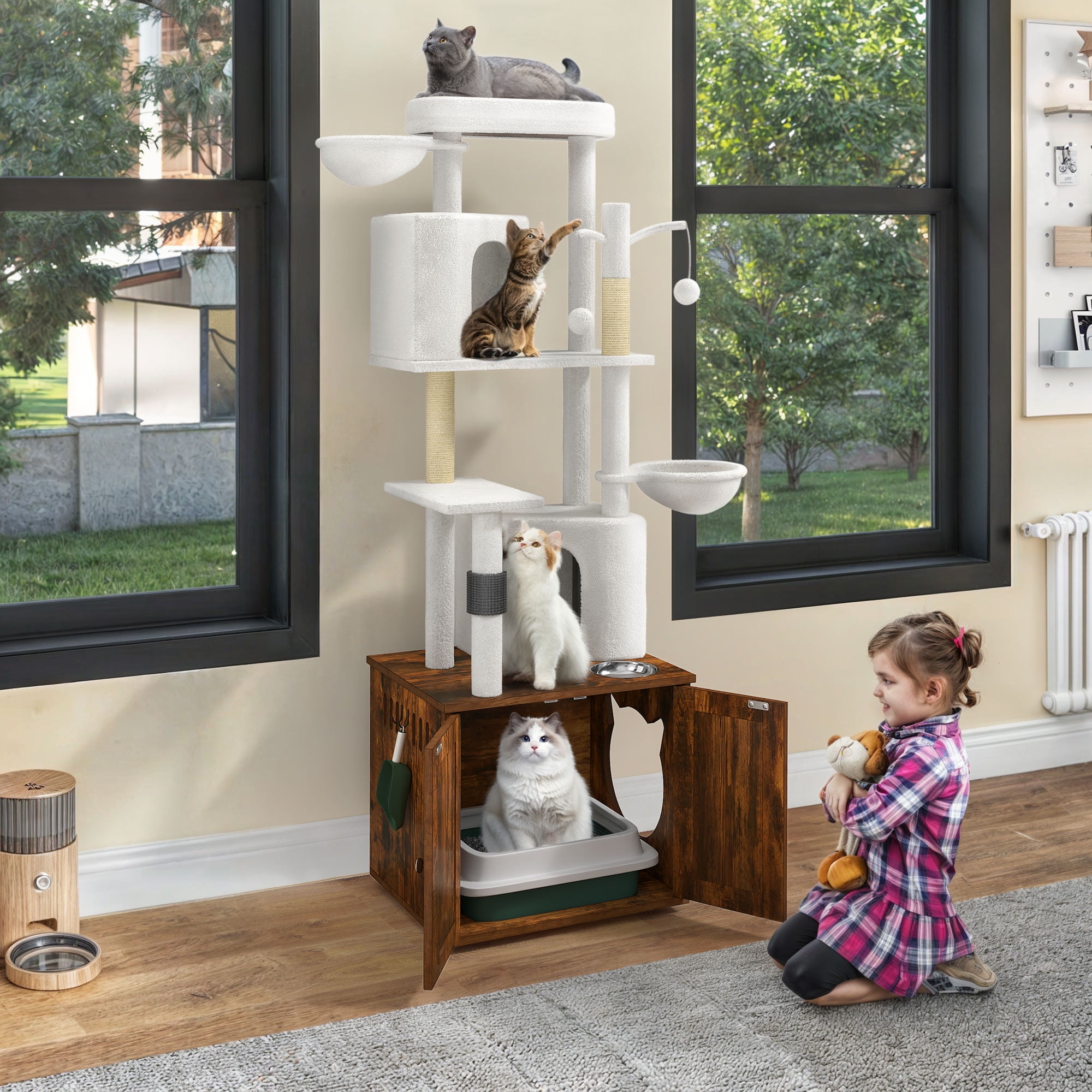 Dextrus Modern Cat Tree with Hidden Litter Box Enclosure,  Cat Furniture with Scratching Posts, 4-Tier Platform, Condos and Food Station, Brown