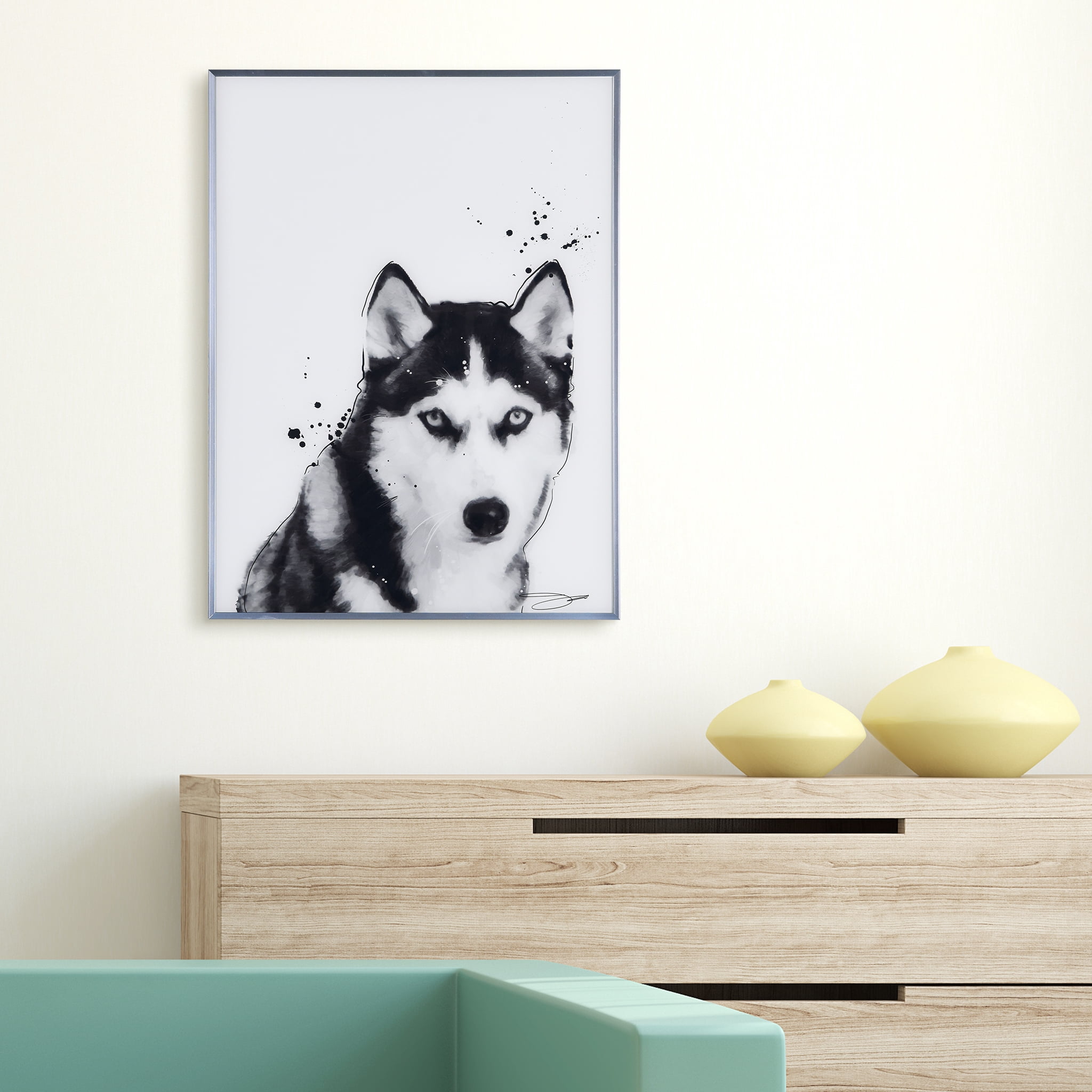 Empire Art Direct Siberian Husky Black and White Pet Paintings on Reverse Printed Glass Framed Dog Wall Art, 24" x 18" x 1", Ready to Hang